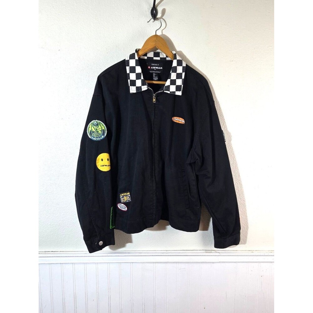 Forever 21 Airwalk Men L Black Checkerboard Zip Jacket Skate Graphic